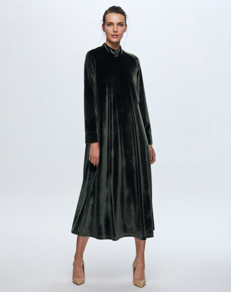 T24K-4003 Uzun Kadife Elbise KHAKİ - 1