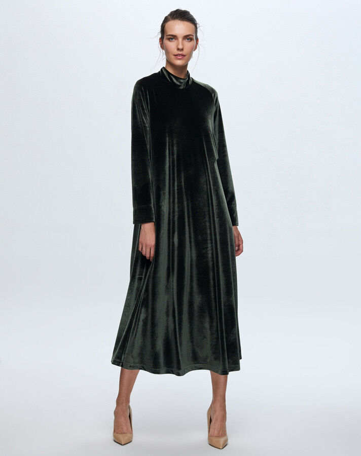 T24K-4003 Uzun Kadife Elbise KHAKİ - 1