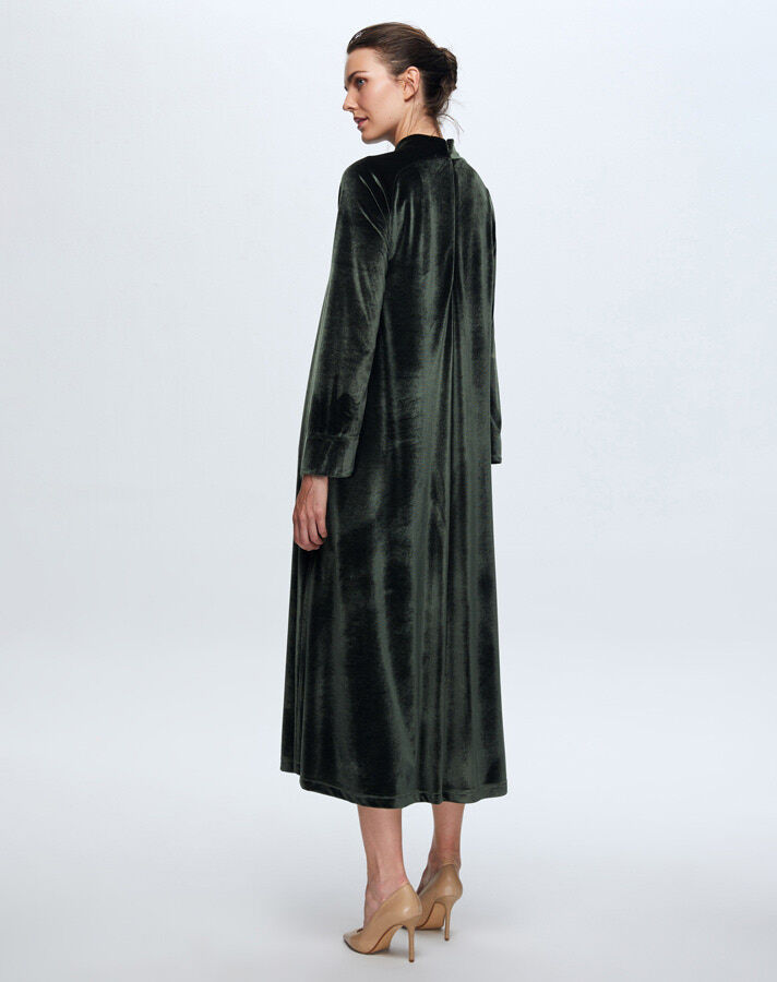 T24K-4003 Uzun Kadife Elbise KHAKİ - 2