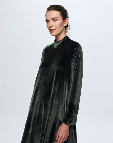 T24K-4003 Uzun Kadife Elbise KHAKİ - 3