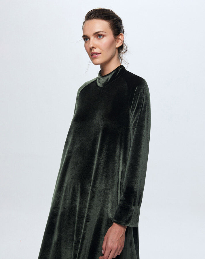 T24K-4003 Uzun Kadife Elbise KHAKİ - 3