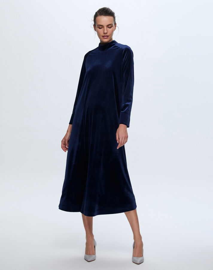T24K-4003 Uzun Kadife Elbise NAVY BLUE - 1