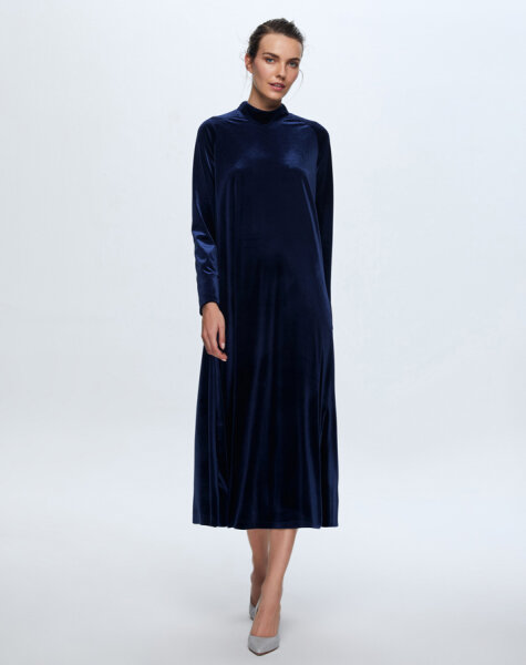 T24K-4003 Uzun Kadife Elbise NAVY BLUE - 2