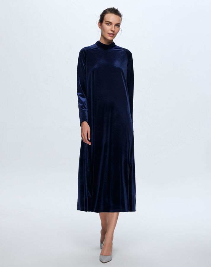 T24K-4003 Uzun Kadife Elbise NAVY BLUE - 2