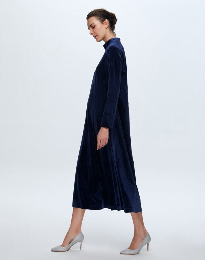 T24K-4003 Uzun Kadife Elbise NAVY BLUE - 3