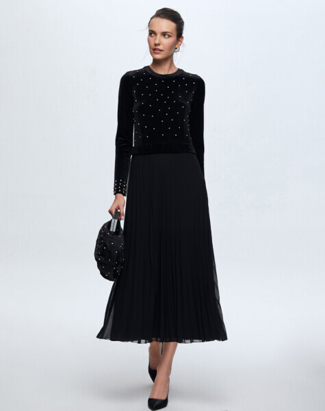 İncili Kadife Siyah Elbise - 3