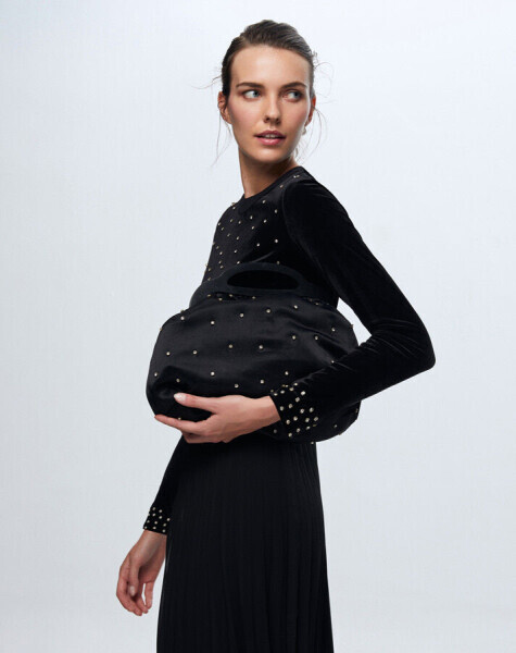 İncili Kadife Siyah Elbise - 1