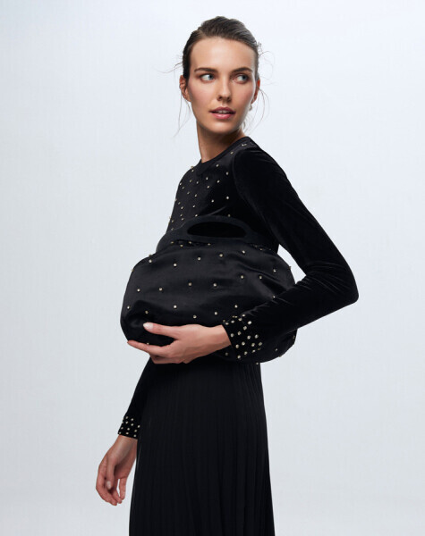 İncili Kadife Siyah Elbise - 2