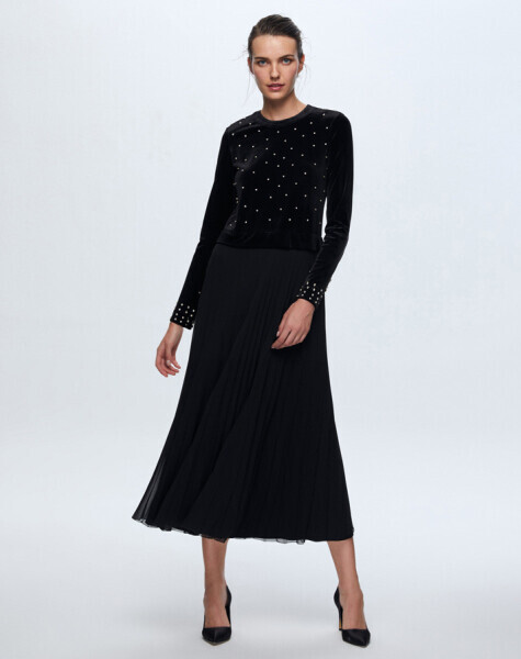 İncili Kadife Siyah Elbise - 4