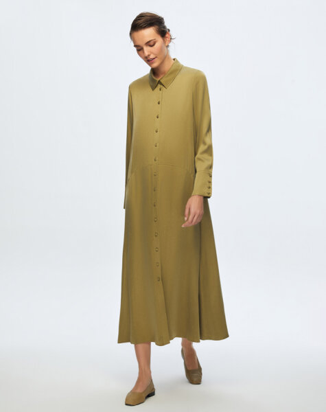 T24K-4006 Uzun Kupro Elbise OLİVE 