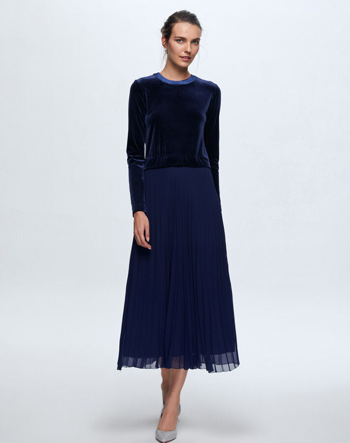 T24K-4007 Kadife-Şifon Pliseli Elbise PETROL - 1