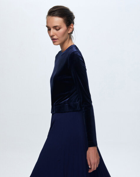 T24K-4007 Kadife-Şifon Pliseli Elbise PETROL - 3