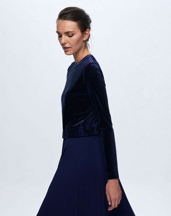 T24K-4007 Kadife-Şifon Pliseli Elbise PETROL - 3