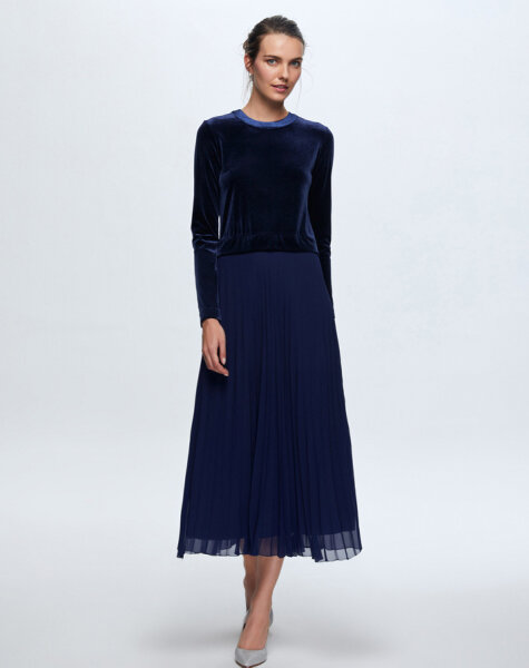 T24K-4007 Kadife-Şifon Pliseli Elbise PETROL - MISS DALIDA