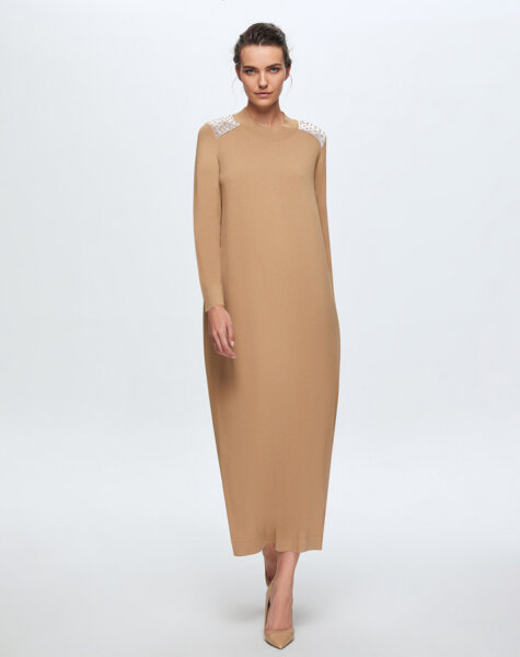 T24K-4009 Parlak Taşlı Elbise 1380-CAMEL - MISS DALIDA