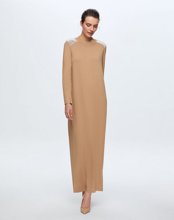 T24K-4009 Parlak Taşlı Elbise 1380-CAMEL - 3