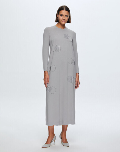 T24K-4011 Yuvarlak Yaka Taş Detaylı Elbise 1179-GREY - 1