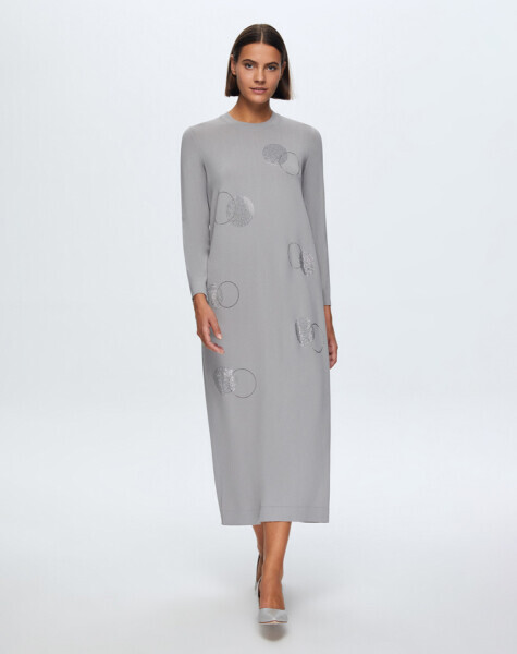 T24K-4011 Yuvarlak Yaka Taş Detaylı Elbise 1179-GREY - 2