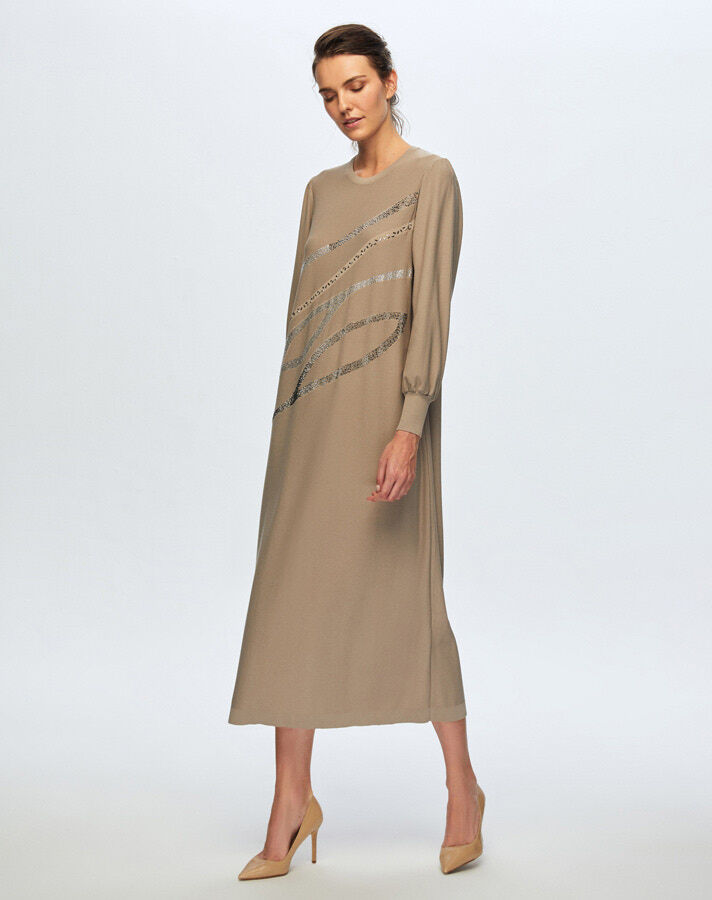 T24K-4012 Balon Kollu Parlak Taşlı Elbise 1047-MİNK - 2