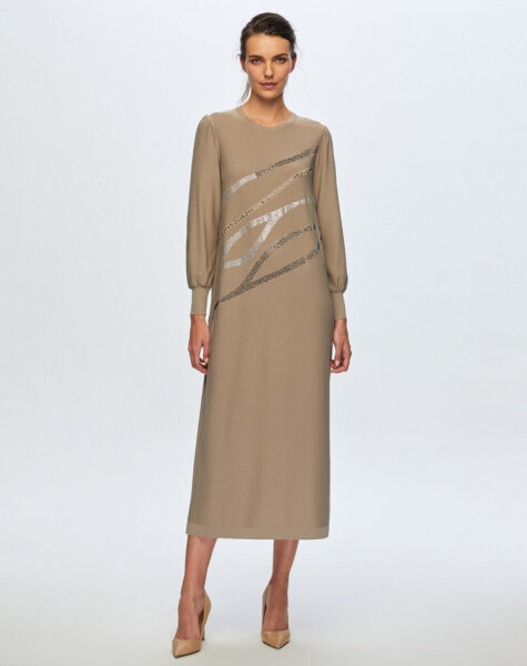 T24K-4012 Balon Kollu Parlak Taşlı Elbise 1047-MİNK 