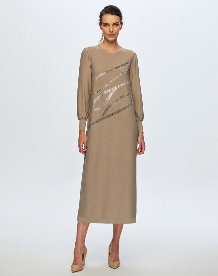 T24K-4012 Balon Kollu Parlak Taşlı Elbise 1047-MİNK - 1