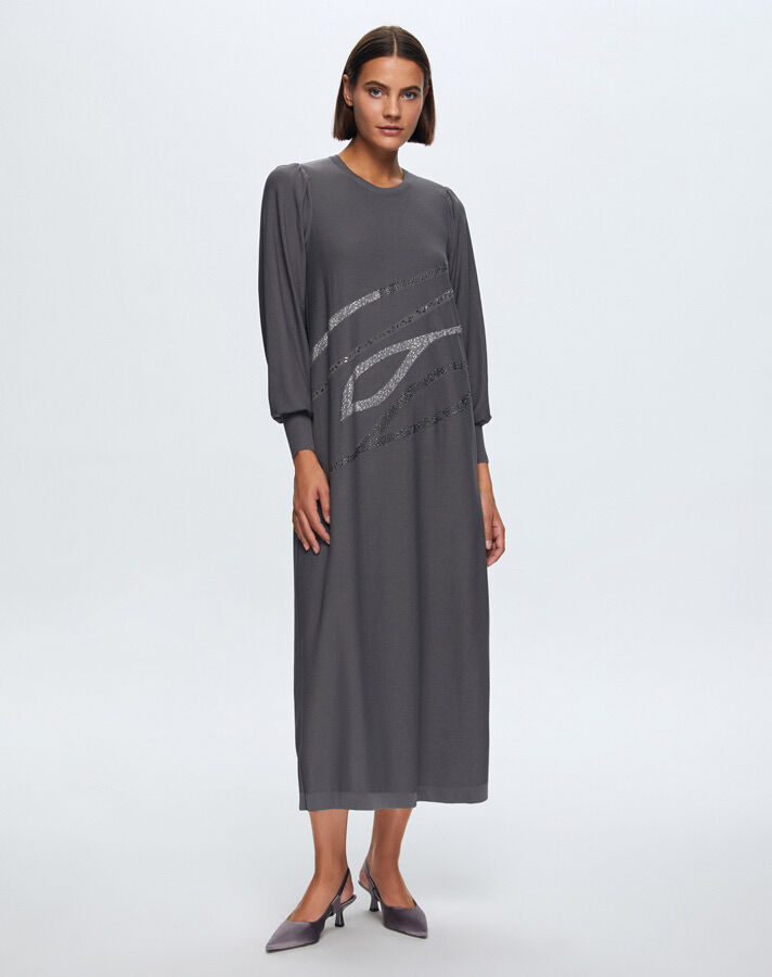 T24K-4012 Balon Kollu Parlak Taşlı Elbise 1318-ANTHRACITE - 2