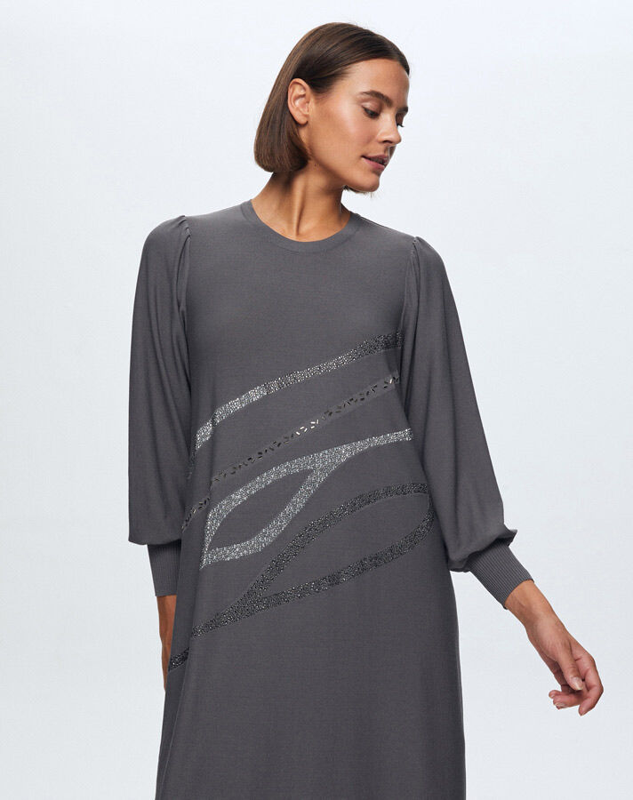 T24K-4012 Balon Kollu Parlak Taşlı Elbise 1318-ANTHRACITE - 4