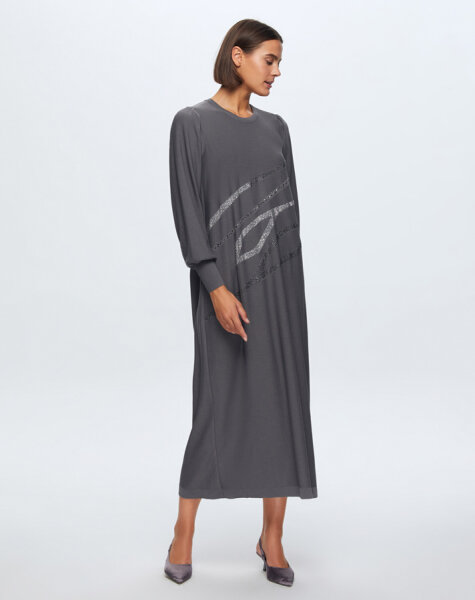 T24K-4012 Balon Kollu Parlak Taşlı Elbise 1318-ANTHRACITE 