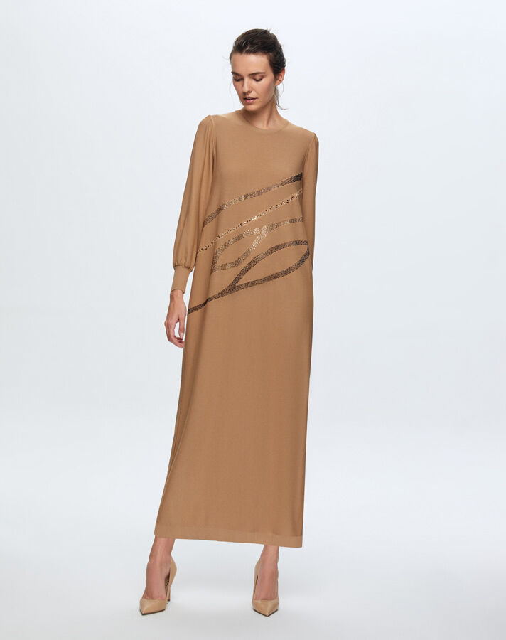 T24K-4012 Balon Kollu Parlak Taşlı Elbise 1380-CAMEL - 1