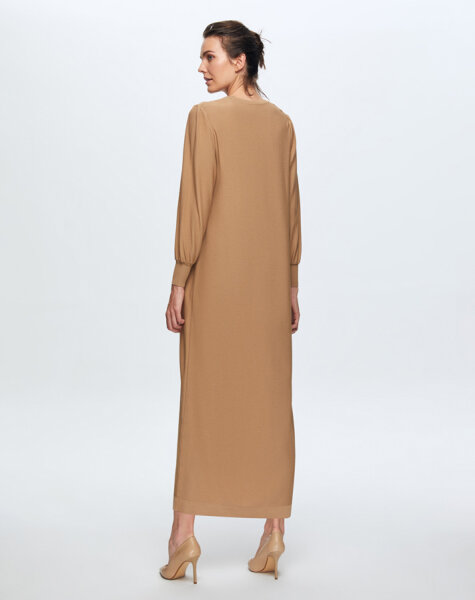 T24K-4012 Balon Kollu Parlak Taşlı Elbise 1380-CAMEL - 3