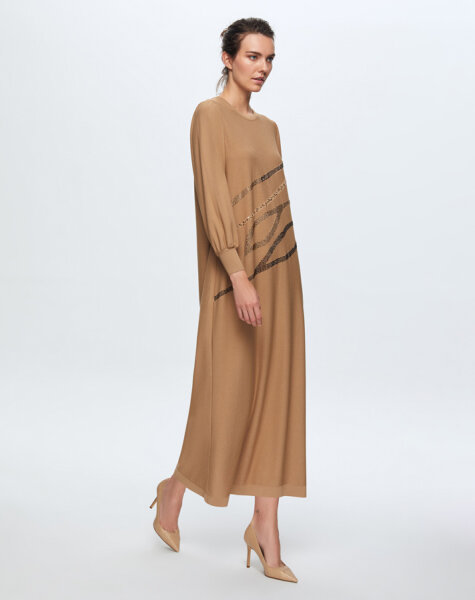 T24K-4012 Balon Kollu Parlak Taşlı Elbise 1380-CAMEL - 2