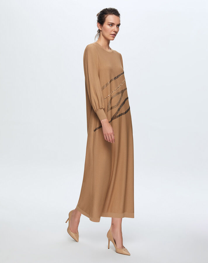 T24K-4012 Balon Kollu Parlak Taşlı Elbise 1380-CAMEL - 2