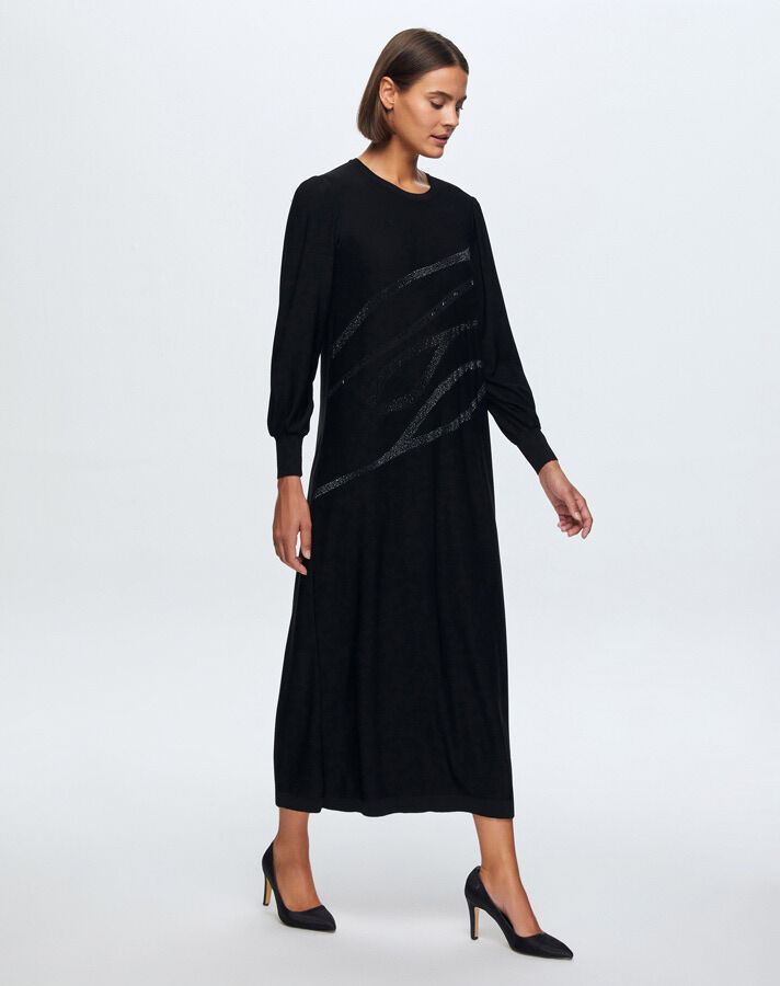 T24K-4012 Balon Kollu Parlak Taşlı Elbise BLACK - 2