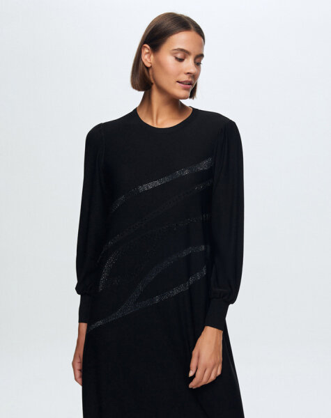 T24K-4012 Balon Kollu Parlak Taşlı Elbise BLACK - 4