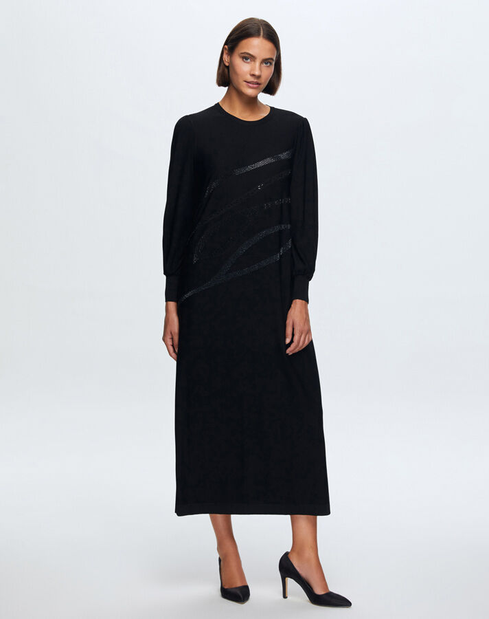 T24K-4012 Balon Kollu Parlak Taşlı Elbise BLACK - 1