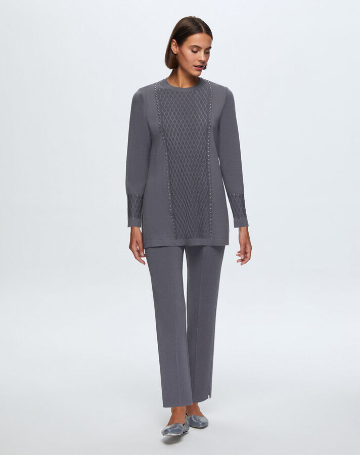 T24K-6006 Saç Örgü Taşlı Tunik OMERO-DARK GREY - 1