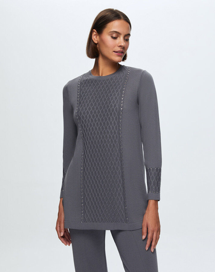 T24K-6006 Saç Örgü Taşlı Tunik OMERO-DARK GREY - 3
