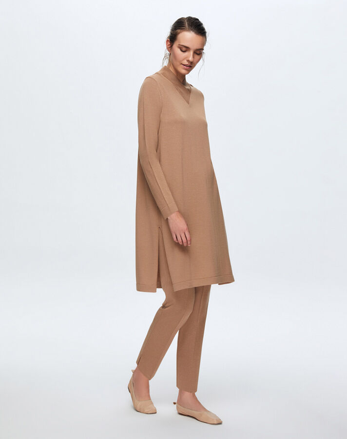 T24K-6011 V Yaka Triko Tunik CORO-CAMEL - 1