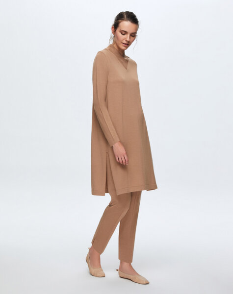 T24K-6011 V Yaka Triko Tunik CORO-CAMEL 