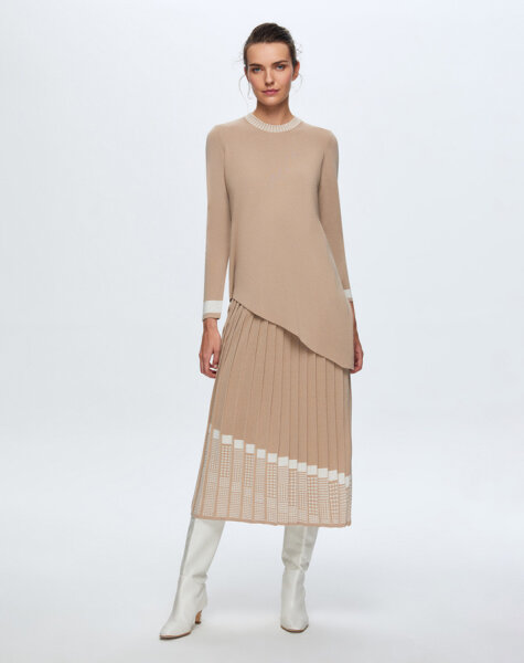 T24K-6016 Asimetrik Kesim Triko Tunik CORO-CAMEL 