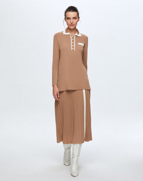 T24K-6021 Erkek Yaka Triko Tunik COMO-CAREMEL 