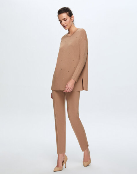 T24K-6025 Önü İncili Basic Tunik CORO-CAMEL - 2