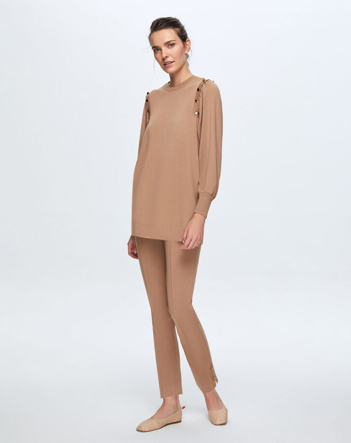 T24K-6026 Düğme Detaylı Balon Kollu Tunik COMO-CAREMEL - 1