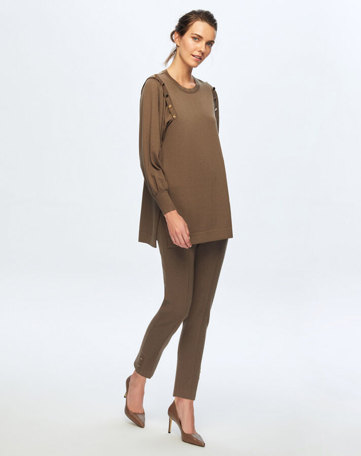 T24K-6026 Düğme Detaylı Balon Kollu Tunik DATA-BROWN - 1