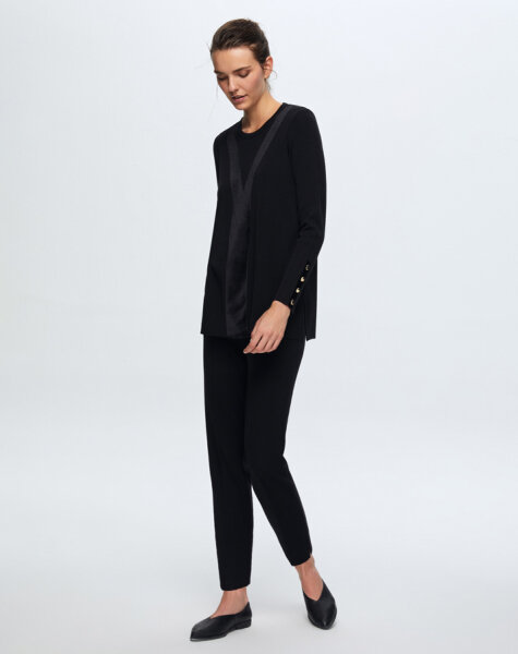 T24K-6027 Önü Kadife Detaylı Tunik BLACK 