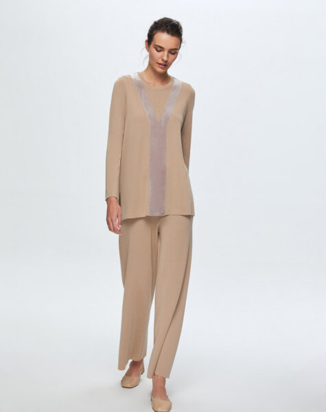 T24K-6027 Önü Kadife Detaylı Tunik CORO-CAMEL 