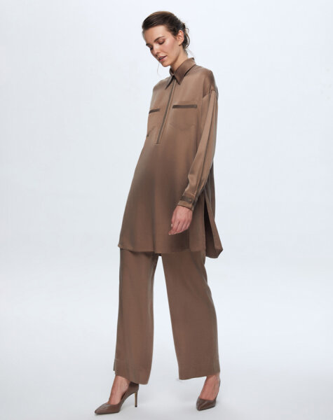 T24K-6028 İki Cepli Kupro Tunik BROWN - 1