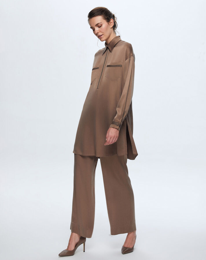 T24K-6028 İki Cepli Kupro Tunik BROWN - 1