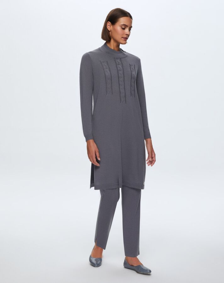  T24K-6030 Saç Örgü Detaylı Tunik OMERO-DARK GREY - 1