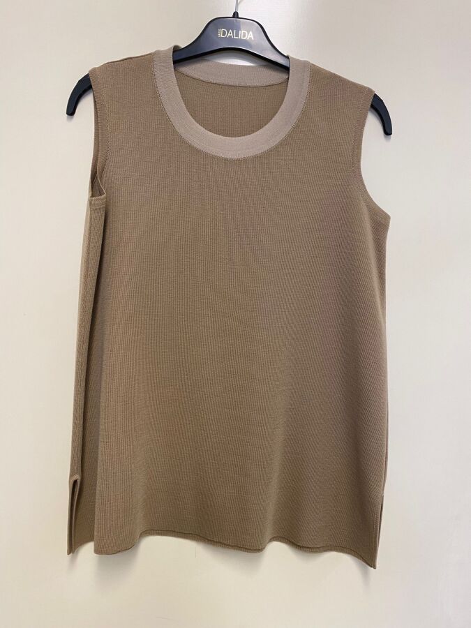 T24K-6041 Yakası Renkli Kolsuz Triko Tunik CORO-CAMEL - 3